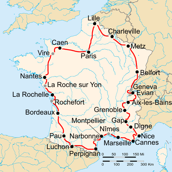 Route of the 1935 Tour de France, starting and finishing in Paris. The black dots are the cities that hosted a stage start and finish, the grey dots are the cities where a split stage was split.